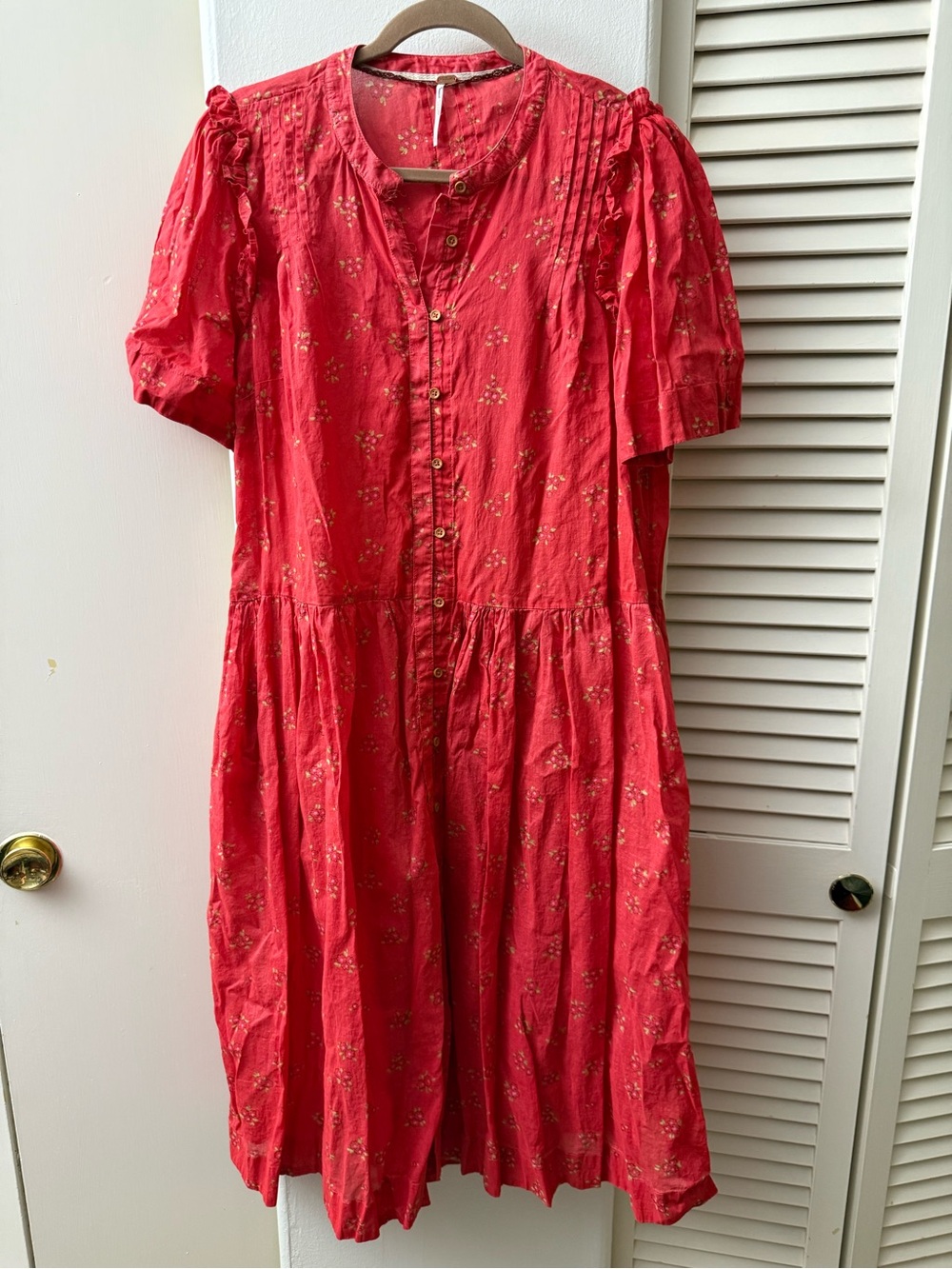 Free People Red Short-Sleeve Button Midi Dress